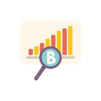 Magnifying glass focusing on growing bitcoin chart representing investment analysis vector