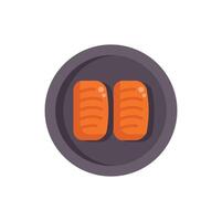 Two grilled salmon fillets on a round plate, top view vector
