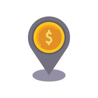 Location pin pointing to a gold coin with a dollar sign vector