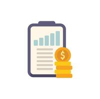Clipboard showing growing statistics chart with increasing coins stack vector