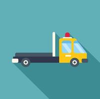 Yellow tow truck with emergency lights on is delivering cargo using empty road with long shadow vector