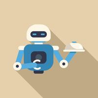 Friendly robot waiter serving food holding a covered tray with a long shadow vector