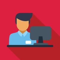 Male receptionist working at reception desk with computer vector