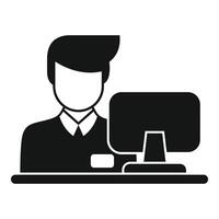 Bank teller working on computer at desk icon vector