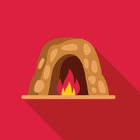 Stone age house with burning fire inside on red background vector
