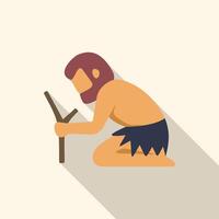 Primitive caveman kneeling and sharpening stick with sharp stone vector