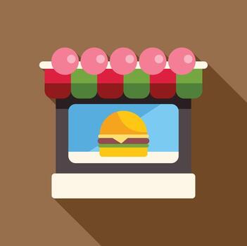 Small shop window displaying hamburger image with awning and brown background vector
