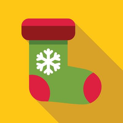 Green christmas stocking with snowflake hanging on yellow background