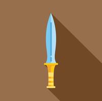Sharp metal dagger with golden hilt pointing upwards on brown background with shadow vector