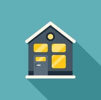 Small house with glowing windows covered in snow with long shadow vector