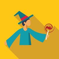 Magician holding magic wand casting a spell with red sparks in flat design vector