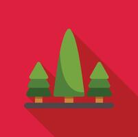 Three evergreen trees growing on red background with long shadow vector