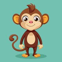 Cute cartoon monkey character with big eyes and playful expression standing on a teal background with a bright and cheerful demeanor vector
