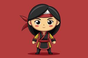 A cute, animated character dressed in traditional warrior attire with black and red colors posed against a solid background vector