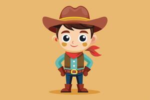 A cheerful cartoon cowboy with a brown hat and red bandana stands confidently, showcasing a playful character in a colorful design vector