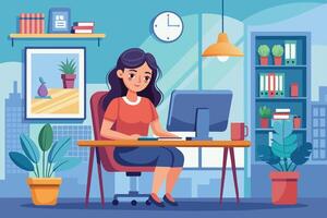 A woman works at a desk in a bright home office, surrounded by plants and books, showcasing a serene workspace in a modern urban setting vector