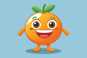 A cheerful cartoon orange character with bright eyes and a green leaf, set against a light blue background in a playful pose vector