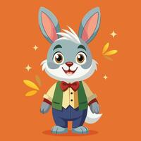 Cute cartoon rabbit character dressed in formal attire and standing against a vibrant orange background in a playful pose vector