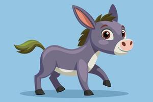 A playful cartoon donkey trotting on a blue background, showcasing its cheerful expression and distinctive features in a whimsical style vector