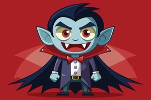 A cute cartoon vampire character with a cape, stylish bow tie, and mischievous expression, set against a vibrant red background vector