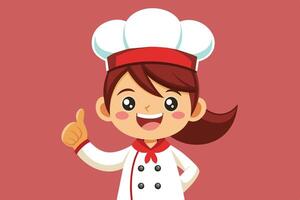 A cheerful cartoon chef character giving a thumbs up while wearing a white chef's coat and hat with a red scarf against a simple background vector