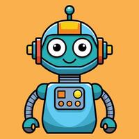 A cheerful cartoon robot with large eyes and colorful elements, set against a bright orange background, showcasing a playful design for children vector