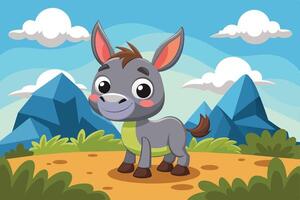 Cute cartoon donkey standing on a dirt path in a vibrant mountainous landscape during a sunny day vector