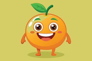 A cheerful cartoon orange character standing on a soft yellow background with a green leaf and smiling expression vector