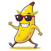 A cheerful cartoon banana character in sunglasses strolling happily across a bright white background showcasing a fun and playful atmosphere vector