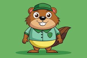 Cartoon beaver character wearing a green cap and shirt with a smiling expression on a bright green background vector
