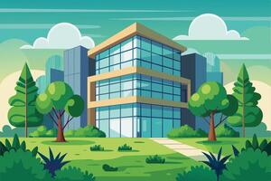 Modern glass building surrounded by greenery and trees in a vibrant urban landscape during daylight hours vector