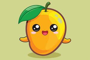 Cute cartoon mango character with a smiling face and green leaf on a pastel background celebrating fruit joy vector