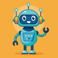 A cheerful robot character with blue and orange accents stands against an orange background, showcasing its friendly design vector