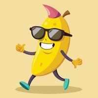 A cheerful cartoon banana character wearing sunglasses and striking a confident pose while walking on a light yellow background vector