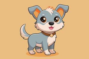 Cute cartoon puppy with fluffy fur and playful expression stands against a warm yellow background in a joyful pose vector