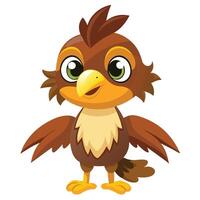 A cheerful cartoon bird with bright green eyes, standing with wings slightly spread, showcasing a friendly demeanor and colorful feathers vector