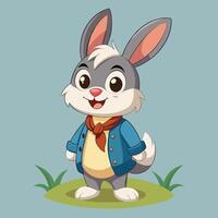 Cute cartoon rabbit character dressed in a blue jacket with a red scarf standing on green grass in a playful pose vector