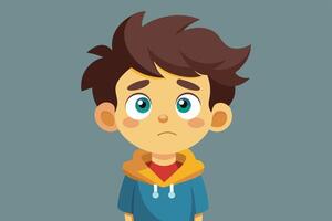 A young boy with a worried expression wearing a hoodie stands against a plain background, expressing feelings of concern or sadness vector