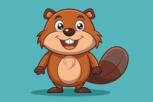 A cartoon beaver character with a friendly smile stands upright on a turquoise background vector