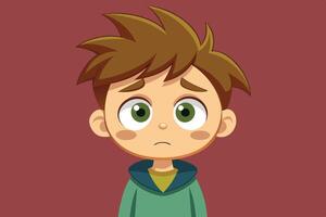 A young boy with a worried expression wears a green hoodie against a solid background, capturing a moment of concern or sadness vector