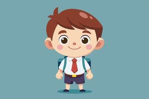 Cheerful young boy in school uniform with backpack smiling brightly in a simple, colorful background vector