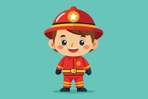Cheerful cartoon firefighter character in red uniform with a hat smiling against a light blue background vector