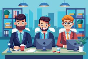 Three professionals working in a colorful modern office space during the day with laptops and cheerful expressions while collaborating vector