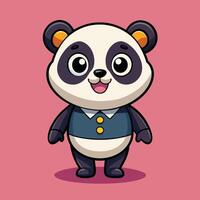 Cute cartoon panda character wearing a blue vest and smiling on a pink background ideal for children's content and illustrations vector