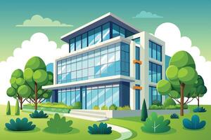 Modern architectural building surrounded by greenery and trees, showcasing a clear blue sky and vibrant landscaping during the day vector