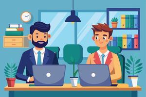 Business meeting in a modern office setting with two professionals discussing strategies while working on laptops vector