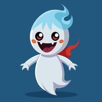 Cheerful cartoon ghost with a blue hairstyle and red cape on a solid blue background, expressing joy and excitement in a playful animation style vector