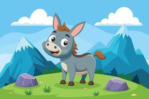 Cute cartoon donkey standing happily on a grassy hill surrounded by mountains and clouds during a sunny day vector