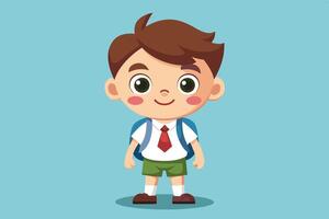 A cheerful young boy stands confidently with a backpack, dressed in a school uniform, ready for a fun day of learning and adventure at school vector