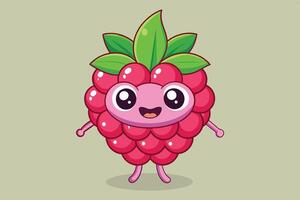 A cheerful cartoon raspberry character with big eyes and green leaves stands happily against a light backdrop vector